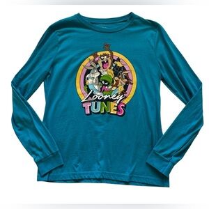 Looney Tunes Blue Juniors Long Sleeve Graphic Print Tee Crew Neck Size Large